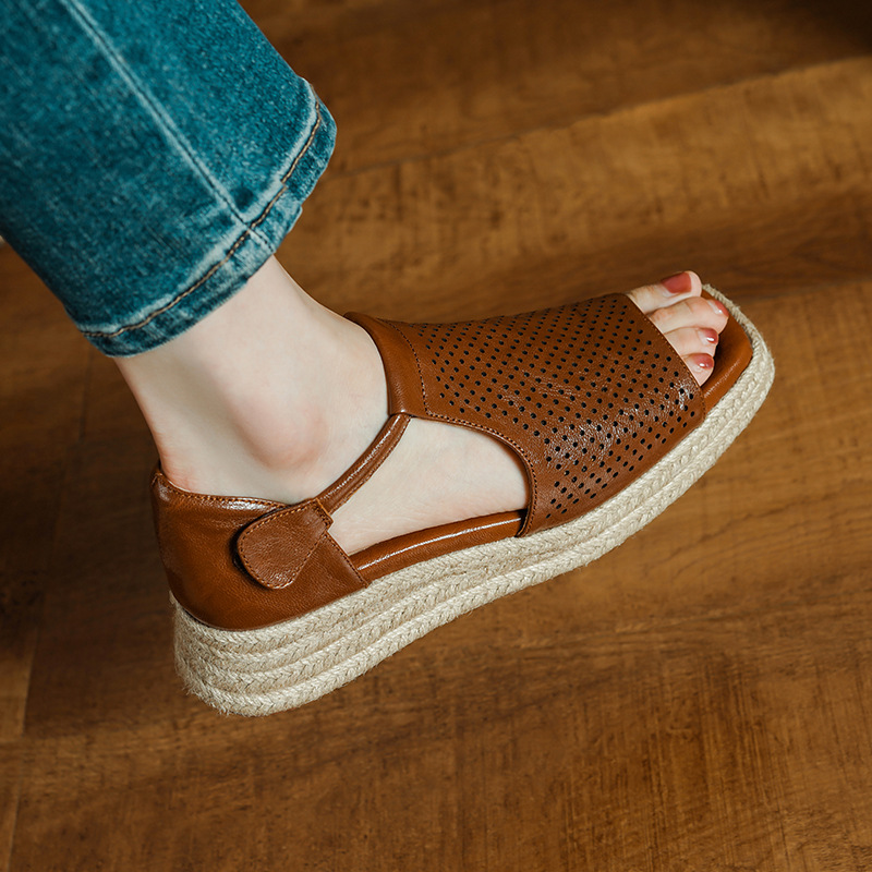 Retro straw breathable summer brown sandals platform wedge heel open…