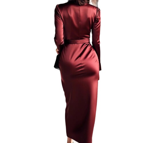 Autumn new style satin long-sleeved dress V-neck waist waist temperament elegant dress waist