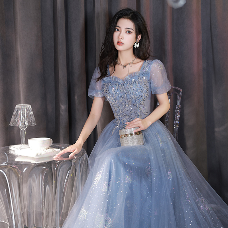 Blue Evening Dress 2026 Summer Banquet Fairy-Like Elegant Socialite Niche Long Dress Stylish Vocal Performance Annual Party Dress