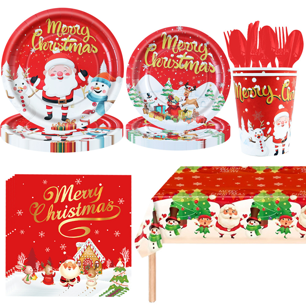 Navidad transfronteriza temática de decoración de la fiesta suministros de decoración de la bandeja de papel desechable de Navidad toallas de papel tazas y cubiertos set