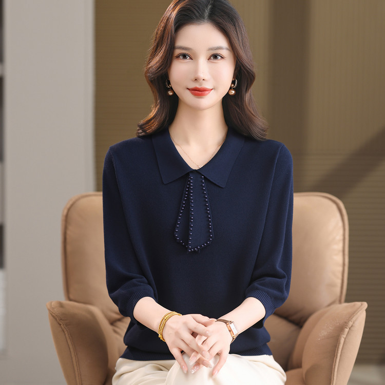 Pullover Knit Sweater, Wool Knit Sweater, Ice Silk Solid Color Knit, Loose-Fitting Ribbon Pullover Top for Middle-Aged Moms