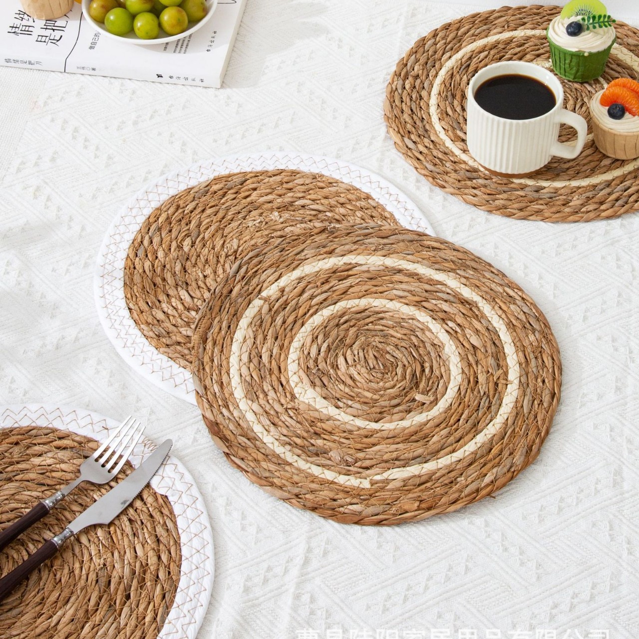 Cojín de mesa tejido a mano japonés estilo pastoral taza de té almohadilla de aislamiento térmico almohadilla de mesa a prueba de quemaduras redonda gran cojín de mesa