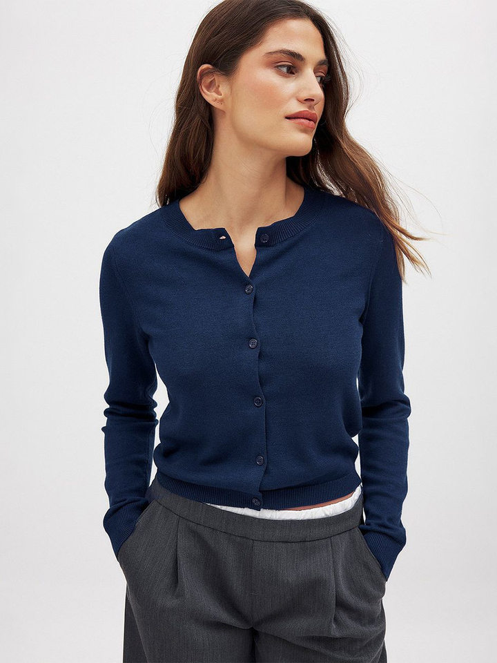 Áo cardigan dệt kim nữ cổ tròn tay dài mỏng nhẹ mặc trong — kaki, màu xanh hải quân chi tiết 5