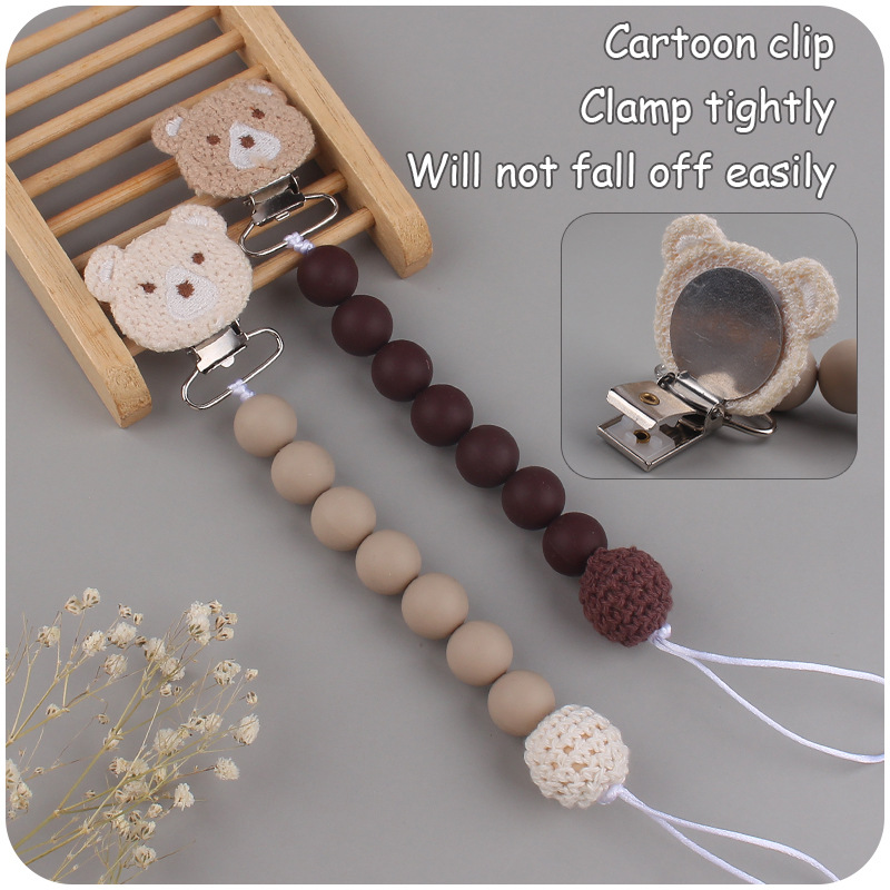 Nuevo bebé de dibujos animados oso chupete clip calmante bebé silicona contraste color cuentas de silicona morder pezón cadena anti-caída