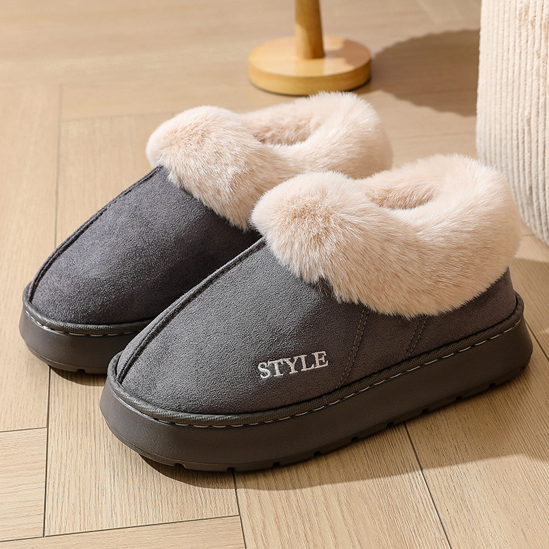 Ante nuevo zapatillas de algodón para hombre en casa, bolsos de lana para calentar la boca y zapatos de confinamiento, botas antideslizantes de EVA para mujer