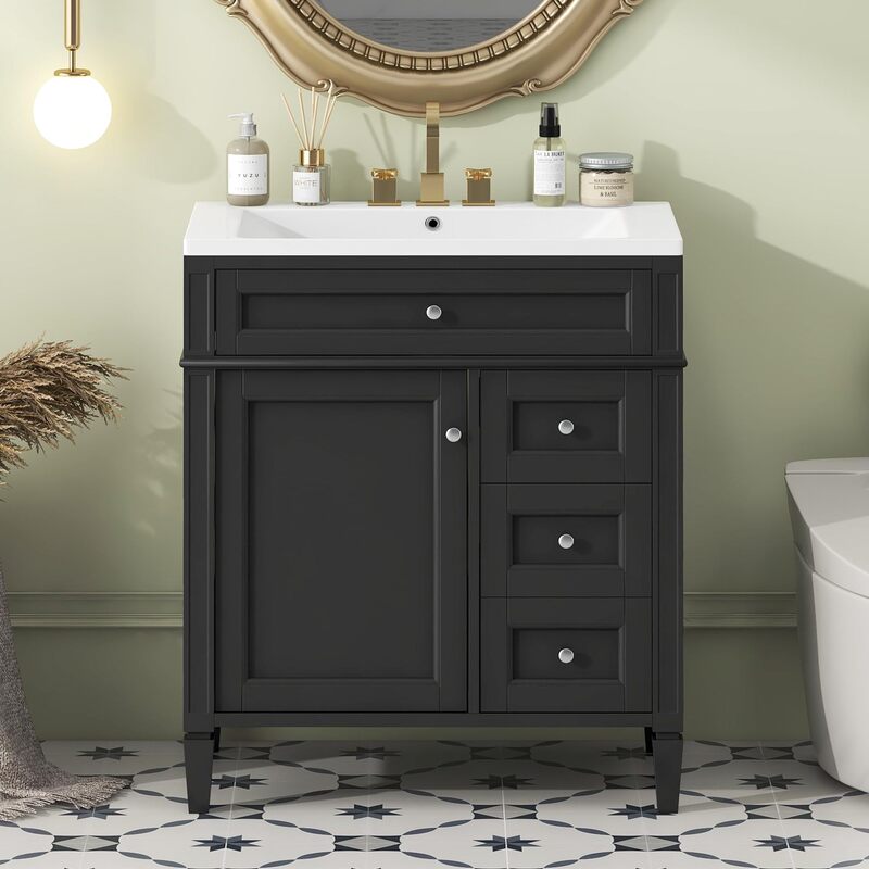 Bathroom sink cabinet 1 door 4 smoke black modern design simple silver handle adjustable feet under single sink Bathroom sink cabinet 1 door 4 smoke black modern design simple silver handle adjustable feet under single sink