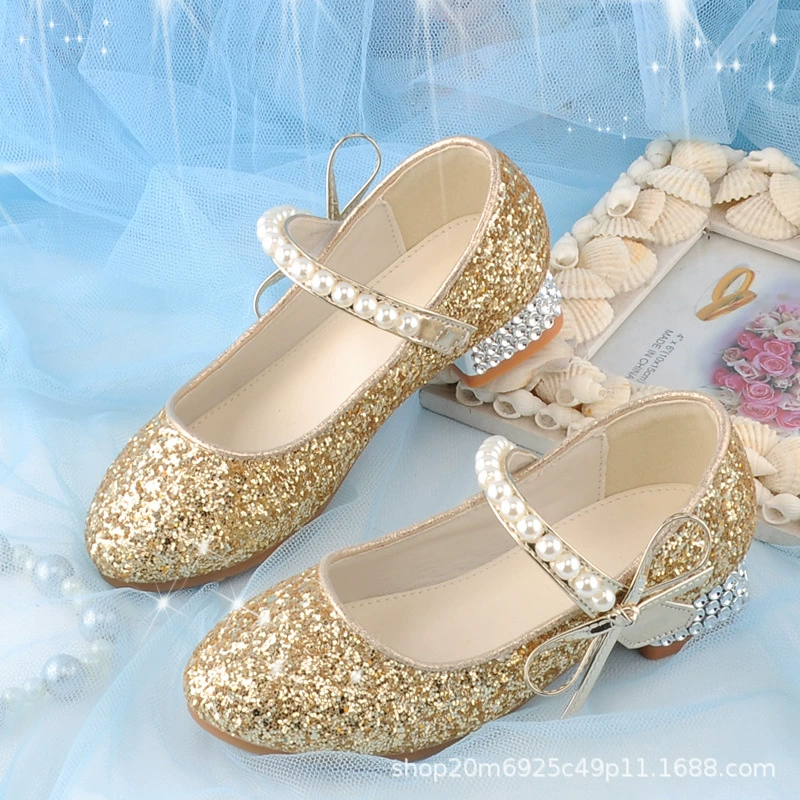 Обувь принцессы для девочек Хрустальная весенняя обувь в студенческом стиле, блестящее детское платье на высоком каблуке с интернет-знаменитостями, стильное платье для девочек
