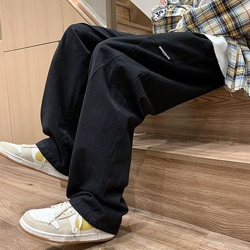 Khaki color patchwork straight-leg pants, American street-style men's design sense, niche oversized wide-leg work pants, Instagram trendy
