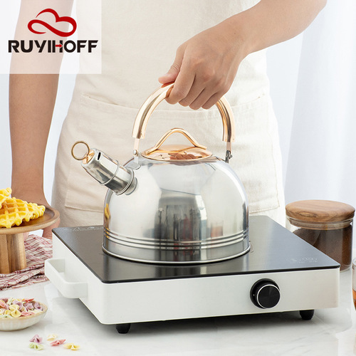 Stainless steel whistle kettle with lid, new Amazon alarm boiling kettle, golden handle, cross-border sounding kettle