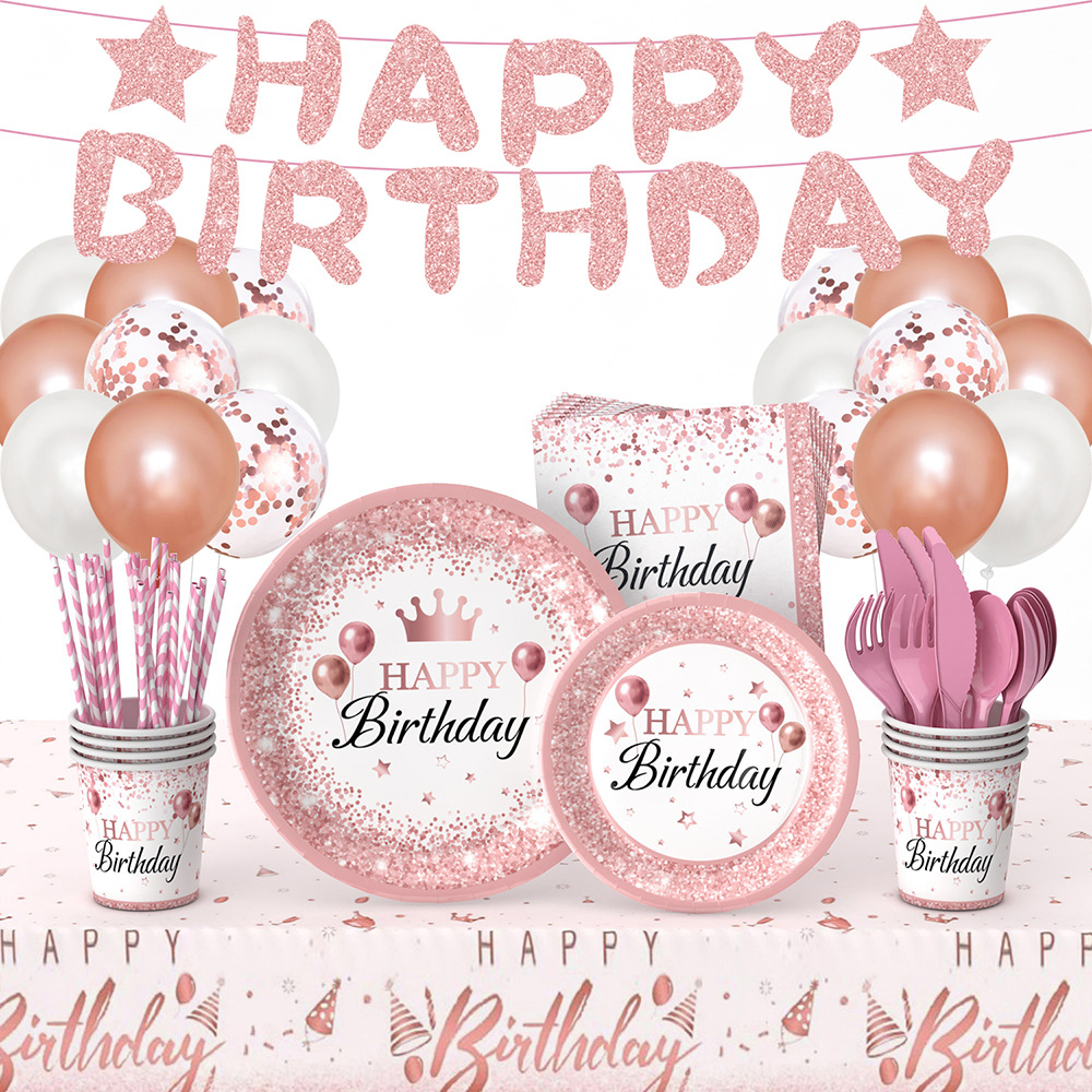 Nuevo oro rosa chica cumpleaños fiesta decoración suministros desechables papel placa tejido mantel decoración del partido traje