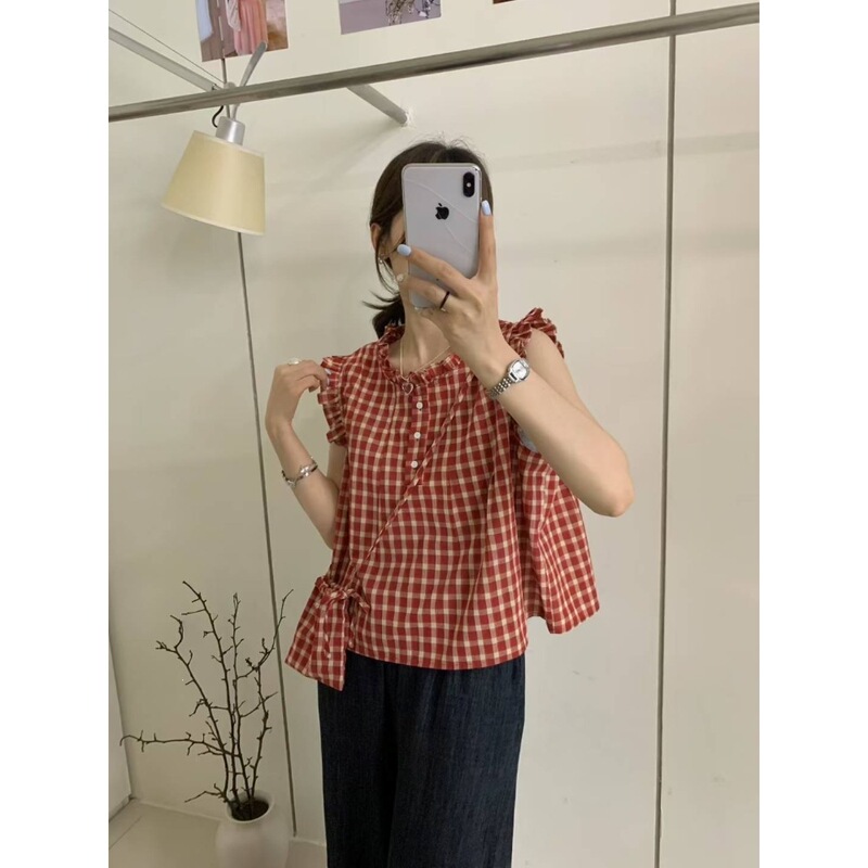 Mm618 Sweet Little Flutter Sleeve Plaid Shirt for Women, Summer French Style, Petite Loose Fit, Age-Reducing Doll Top Mm618 Sweet Little Flutter Sleeve Plaid Shirt for Women, Summer French Style, Petite Loose Fit, Age-Reducing Doll Top