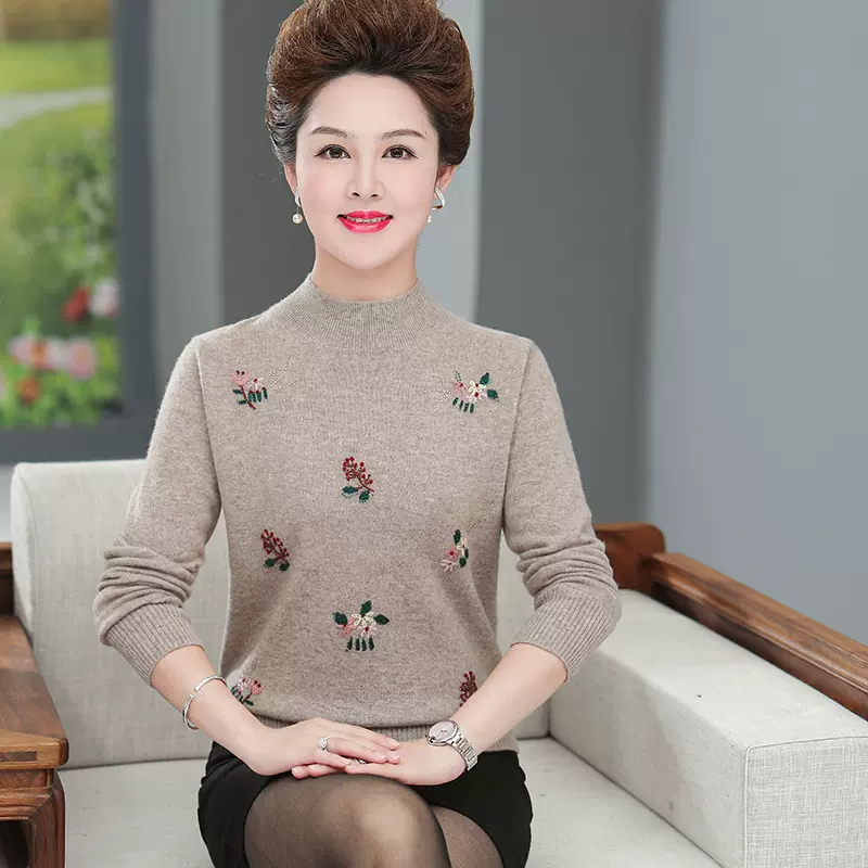 羊毛衫女装全毛针织衫保暖打底衫时尚绣花中老年妈妈装长袖半高领