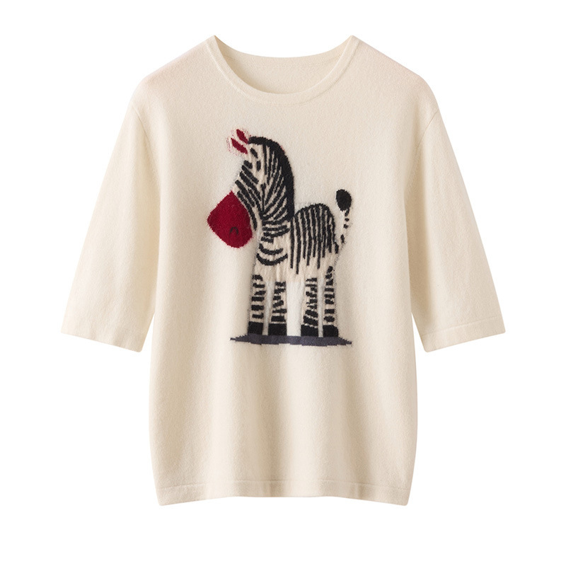 2025 Early Autumn Cashmere Short-Sleeved Women's Knitwear Round Neck Loose Pullover Versatile Knitwear Half-Sleeved Thin Bottoming Shirt