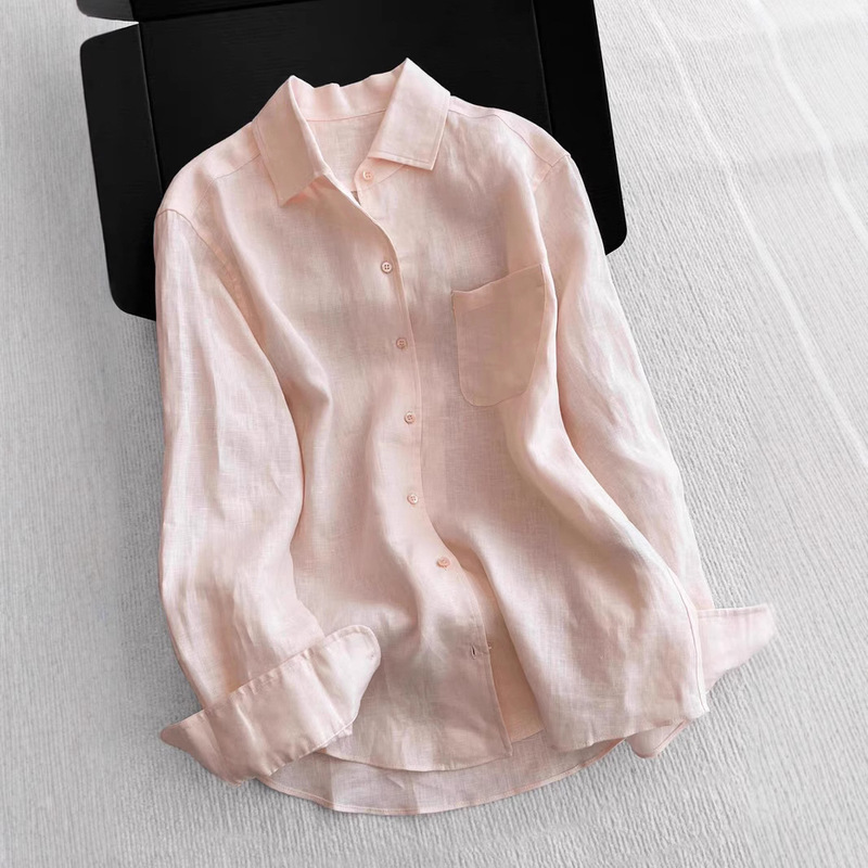 Sun! Summer Peach~Pink Linen Shirt for Women 2026 New Style Lightweight Breathable Long-Sleeved Loose Top with Lapels