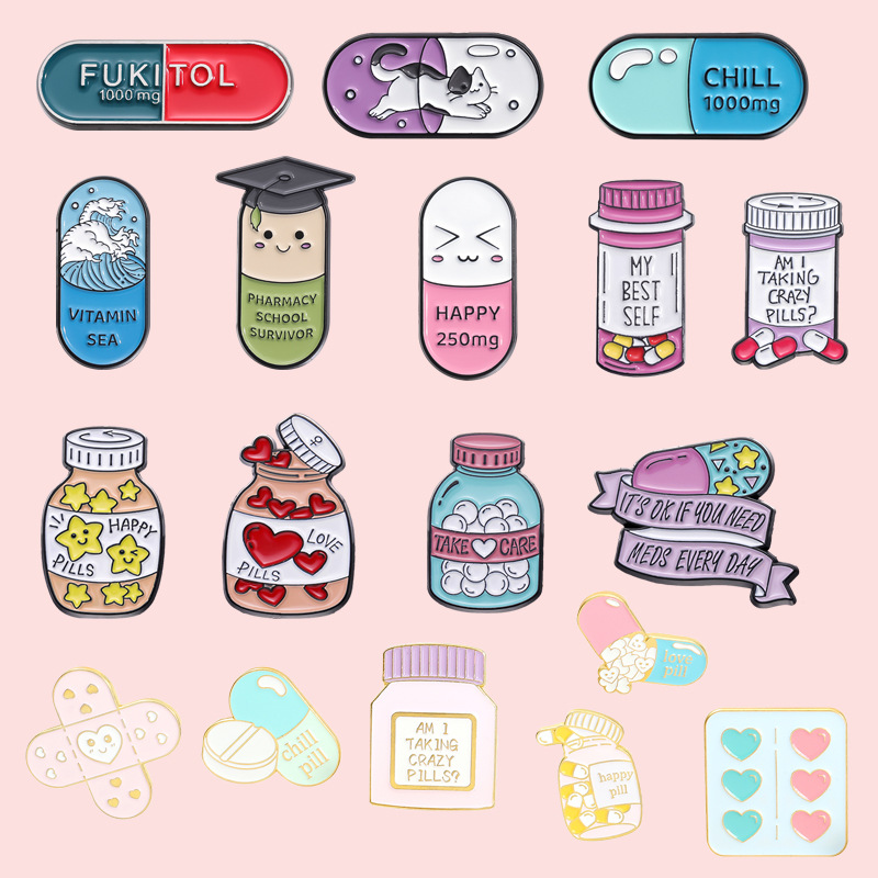 Brooches Classification Cartoon Style Pin Capsule Medicine Bottle Alloy Stoving Varnish Unisex Brooches