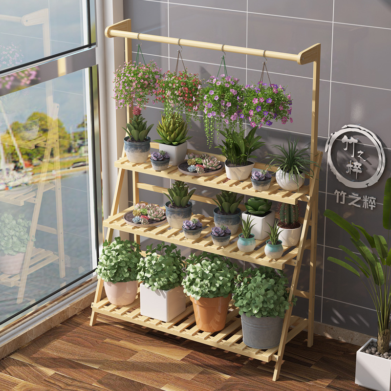 Soporte de flores de bambú multicapa para interiores, para balcón y sala de estar, soporte para plantas suculentas, soporte para macetas, soporte de flores plegable de bambú.