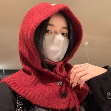 新款韩国巴拉克拉法帽女纯色羊毛小红帽秋冬加厚保暖护颈针织帽子