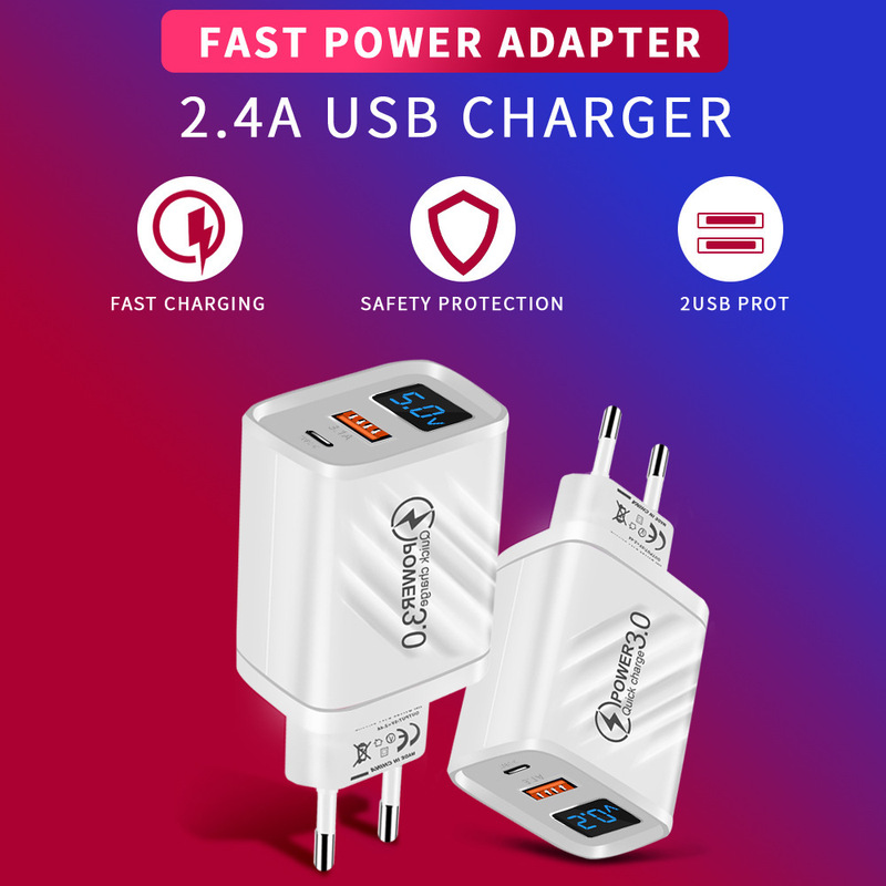 20W smart digital display mobile phone charger usb pd dual port fast charging for Apple Huawei typec charging plug