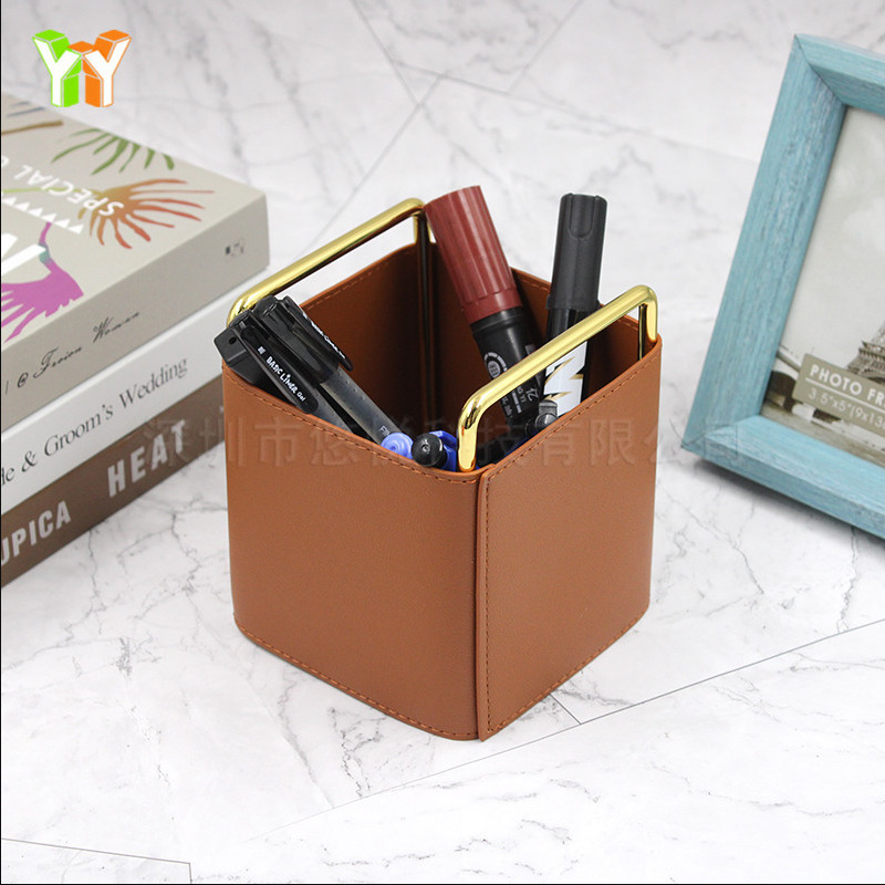 Creative and Simple Cross-Border Square Metal Leather Pen Holder, Home Remote Control Storage Box, Iron Desk Decoration