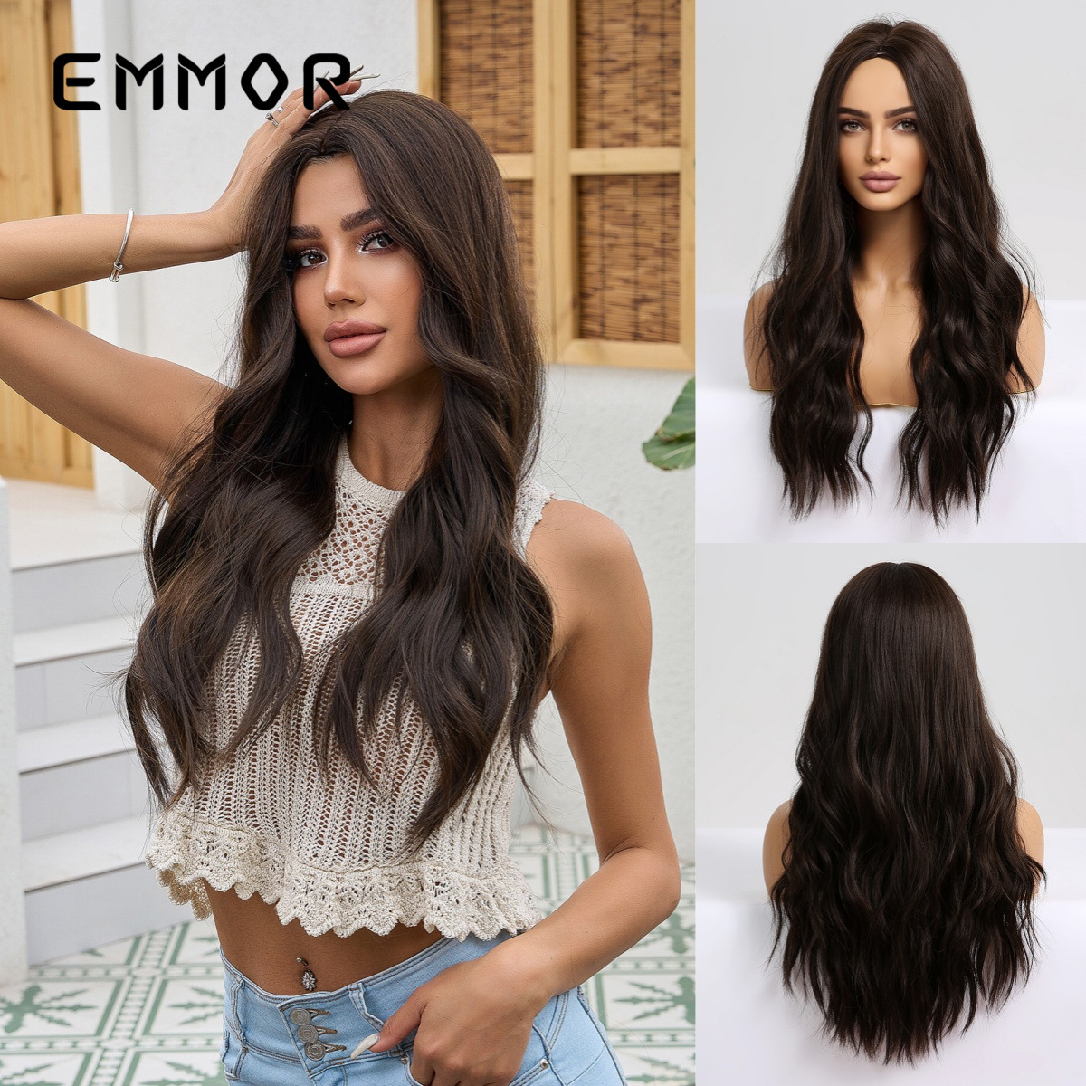 Nuevo estilo transfronterizo estilo europeo y americano wigs cabello largo y rizado gradiente gris marrón seda de alta temperatura peluca de fibra química cubierta completa