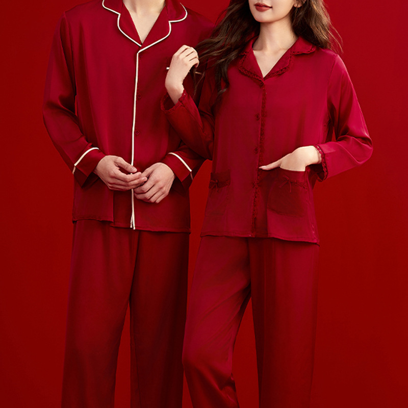 Pajamas de pareja para la boda de primavera y otoño helado seda roja para hombres y mujeres set de boda de seda MC0001