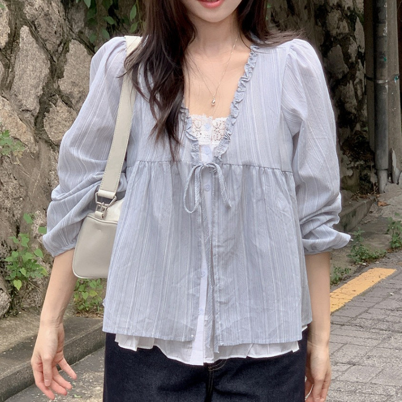 Korean-Style Sweet Autumn Two-Piece Long-Sleeve Ruffled Striped Top for Women, Loose Fit, Slimming, Versatile Babydoll Shirt Korean-Style Sweet Autumn Two-Piece Long-Sleeve Ruffled Striped Top for Women, Loose Fit, Slimming, Versatile Babydoll Shirt