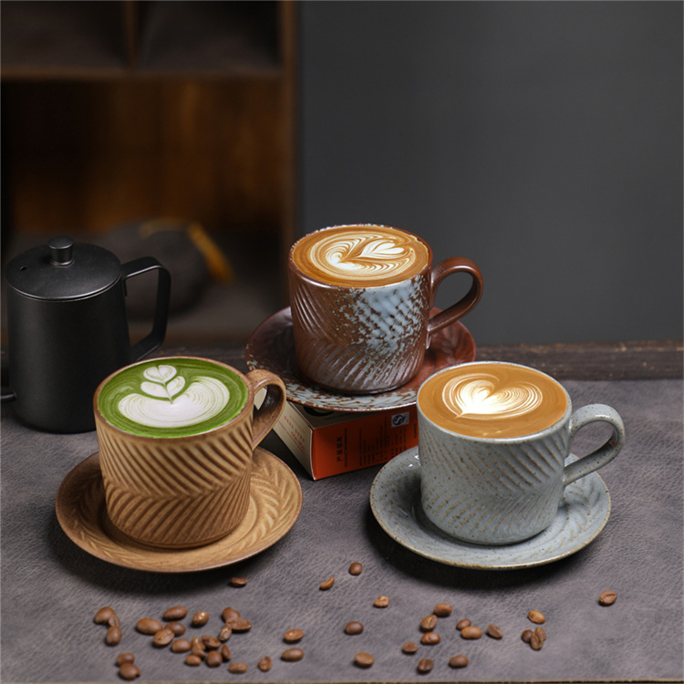 Ceramic Coffee Cup Set Wabi-sabi Style Japanese Embossed Ceramic_voghion.com