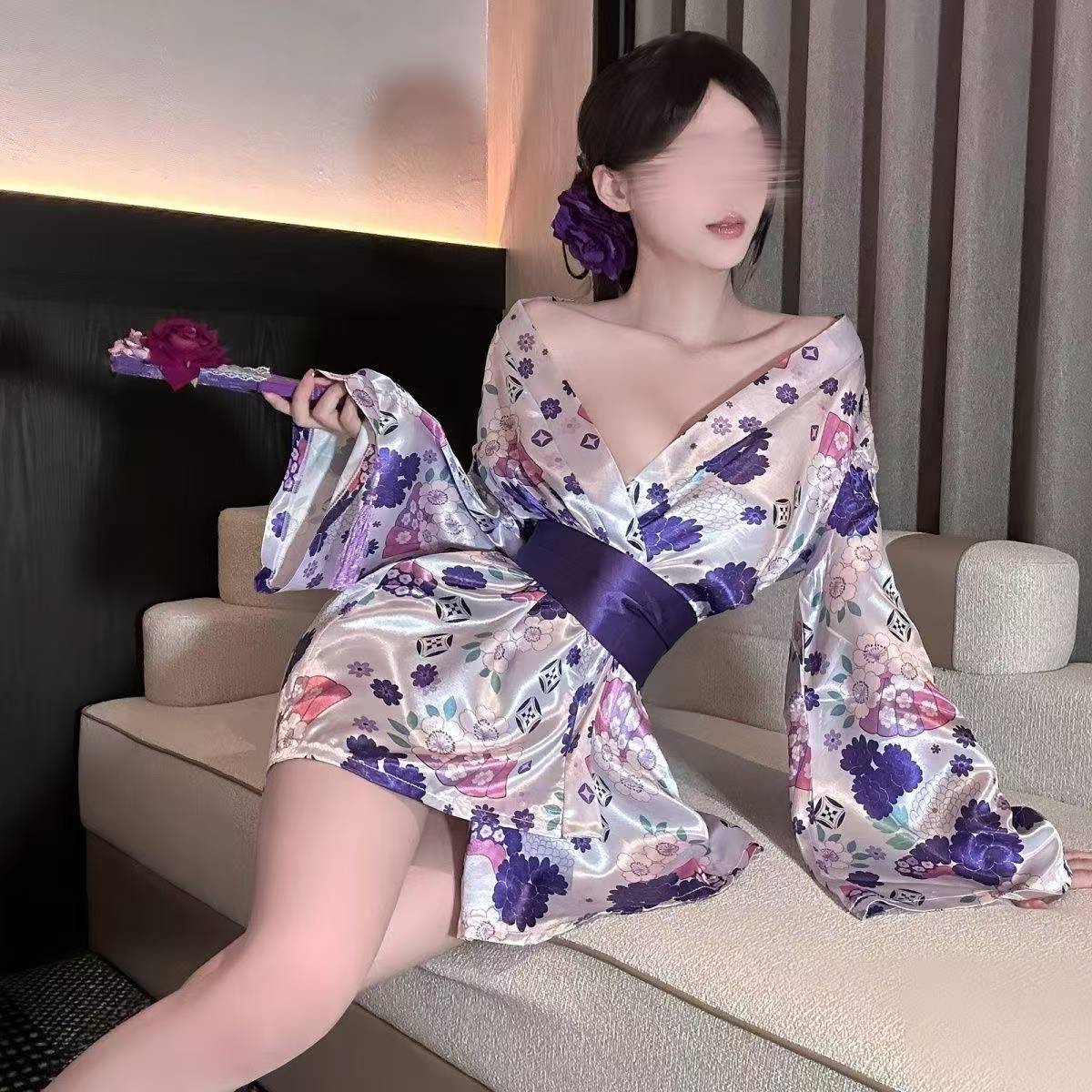 Cherry Blossom Kimono Maid Lingerie Set with Obi Belt and Purple Panties — detail image 1