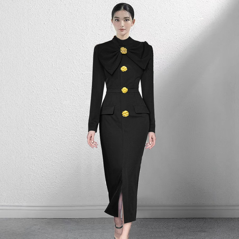 Vietnamese Niche Stand-Up Collar Long-Sleeved Bow Waist Button Decoration Hip Slit Mid-Length Dress 1621