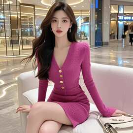 小众名媛系V领长袖连衣裙女2026新款法式气质收腰显瘦打底A字短裙