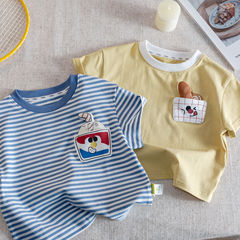 子供半袖 2025 夏漫画子供半袖 Tシャツ男の子綿ストライプトップベビー半袖 Tシャツ潮