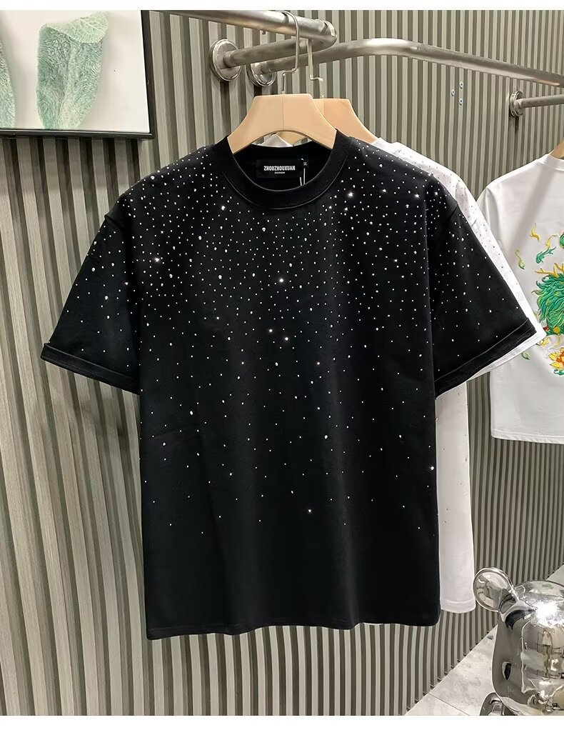 Men's Trendy Starry Sky T-Shirt With Rhinestones Loose Fit Short Sleeved Top For Mature Style_viptrois.com