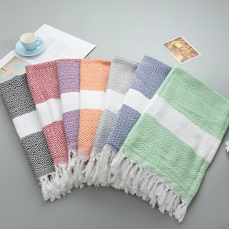 Cross-border exclusive in stock polyester cotton thickened plain Turkish tassel diamond beach towel cotton and linen jacquard rhombus bath
