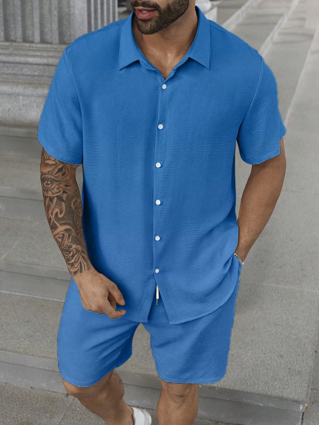 Comercio exterior transfronterizo retro camisa de botón de verano set de pantalones cortos 3D impresión casual vacaciones cardigan hombre set de dos piezas