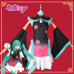 初音cos服未來之美動漫初音連衣裙中華風漸變色玫瑰圖案cos動漫裝
