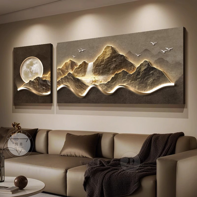 背もたれ付きリビングルーム装飾絵画、軽い豪華さと高級感、ソファ背景壁掛け絵画、組み合わせ絵画、風景二連壁画|undefined