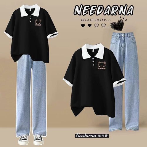 Summer Set Women's Student Korean Style Loose Fit Slimming Polo Neck T-shirt + Jeans College Style Two-Piece Set Trendy