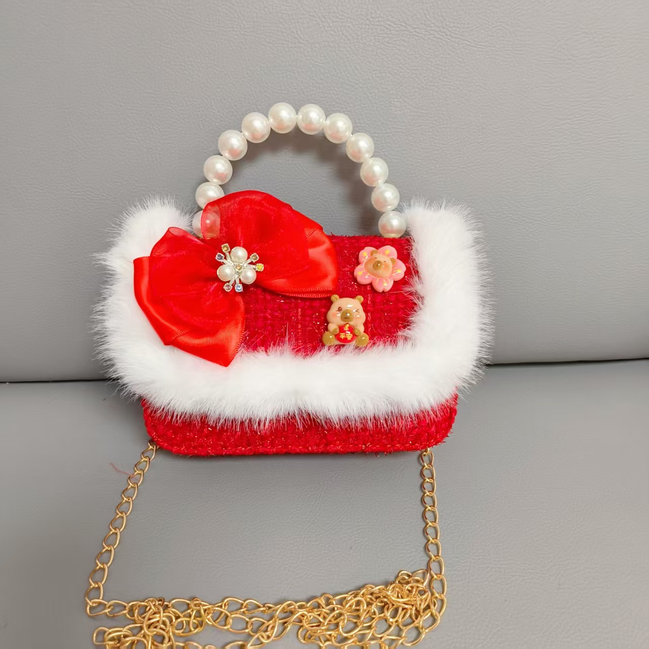 Cartera de Año Nuevo rojo, bolso de perlas, arco de arco, bolso de mano, cadena de viento de fragancia, bolso de hombro pequeño