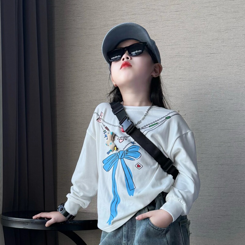 女童秋季潮酷休闲风工装牛仔裤老爹裤中大童韩版洋气百搭长袖T恤9|undefined
