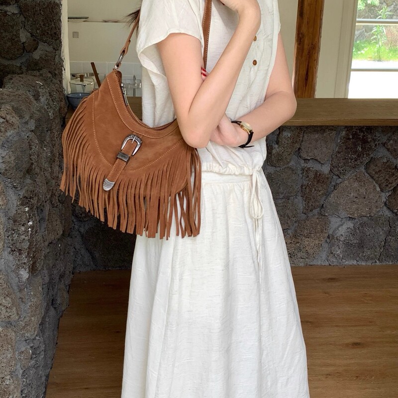 Gentle Sunshine Coffee Tassel Bag for Women, Korean Style, Ins Style, Suede Underarm Bag, Vintage Versatile 2025 New Model, Single Shoulder Crossbody Bag