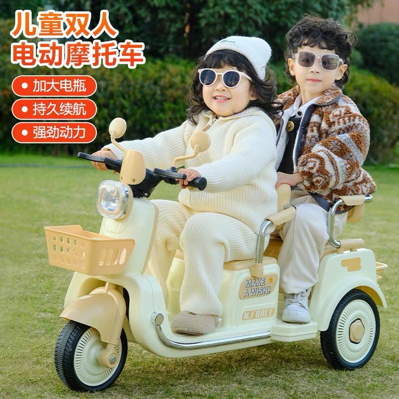 Motocicleta eléctrica para niños de tres ruedas batería para hombres y mujeres bebés de dos asientos carga de juguete de control remoto doble regalo image 4