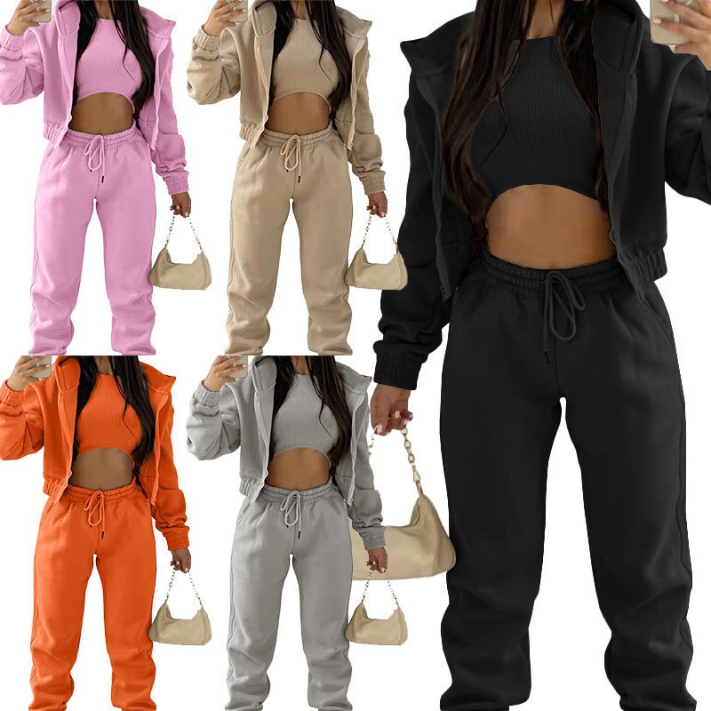 2025 Cross-Border New Women's Suit Solid Color Simple Hooded Thickened Sweatshirt Sports Casual Pants Three-Piece Set for Women