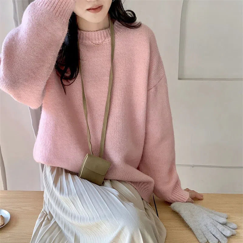 克莱因蓝色毛衣女秋冬加厚宽松外穿上衣圆领百搭长袖慵懒风针织衫|undefined
