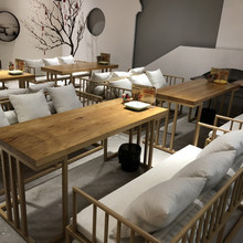 新中式沙发桌椅组合 商用酒店咖啡厅会所仿木纹茶楼双人卡座桌椅