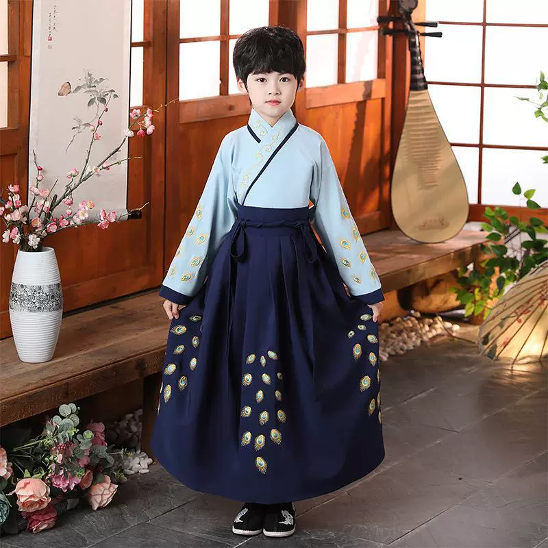 Светло-голубой костюм с птичьим хвостом ханьфу для мальчика, сценическое представление в китайском стиле, можно носить Детский ханьфу 2023, Новинка