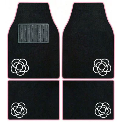 New Love Embroidery Car: Universal Foot Pad - flowers-pink-edge-universal-car-floor-mat-set