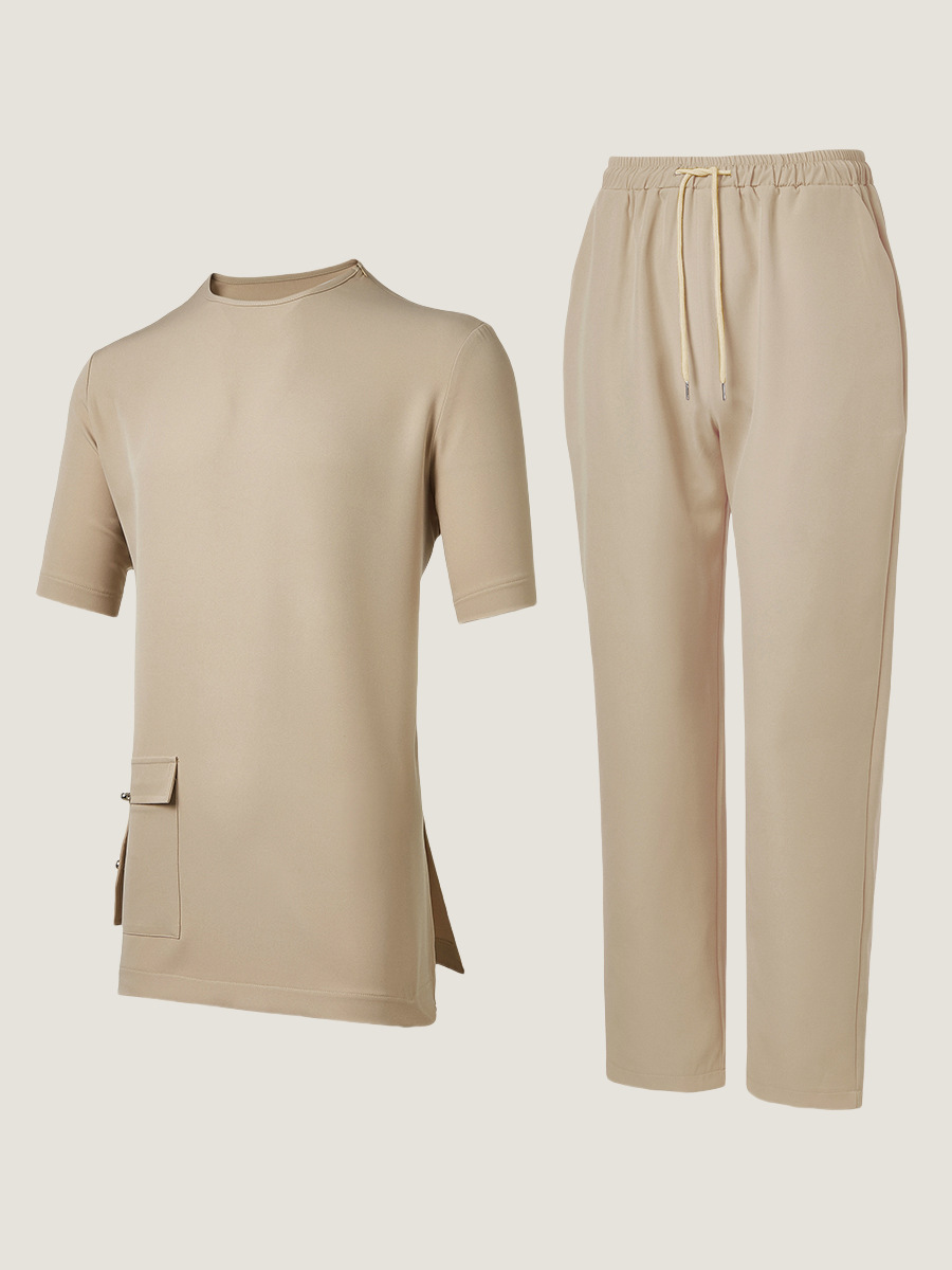 Completo africano uomo camicia maniche corte e pantaloni khaki_voghion.com