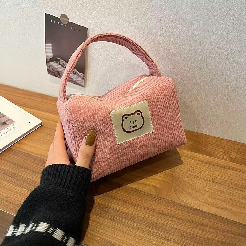 New Corduroy Portable Cosmetic Bag for Female Students, K-Style, Cute Outing Handbag, Female Large-Capacity Toiletry Bag, Trendy