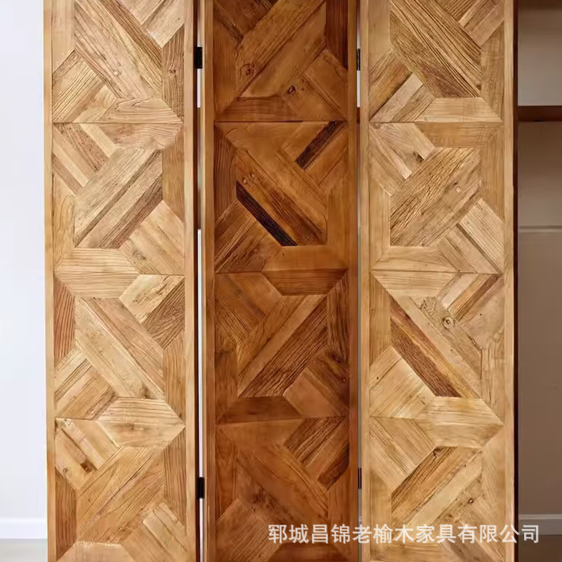 中古老榆木拼花屏风玄关隔断墙餐厅分隔屏风实木三扇折叠移动屏风|undefined