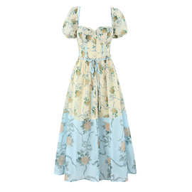 波西米亚风柠檬黄印花中长连衣裙女2025夏款复古辣妹泡泡袖中长裙